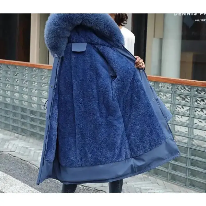 2025NewWomenClothesLongCoatWoolLinerHoodedJacketFurCollarThickWarmSnowWear6XLTopsWomenswear Casual Winter