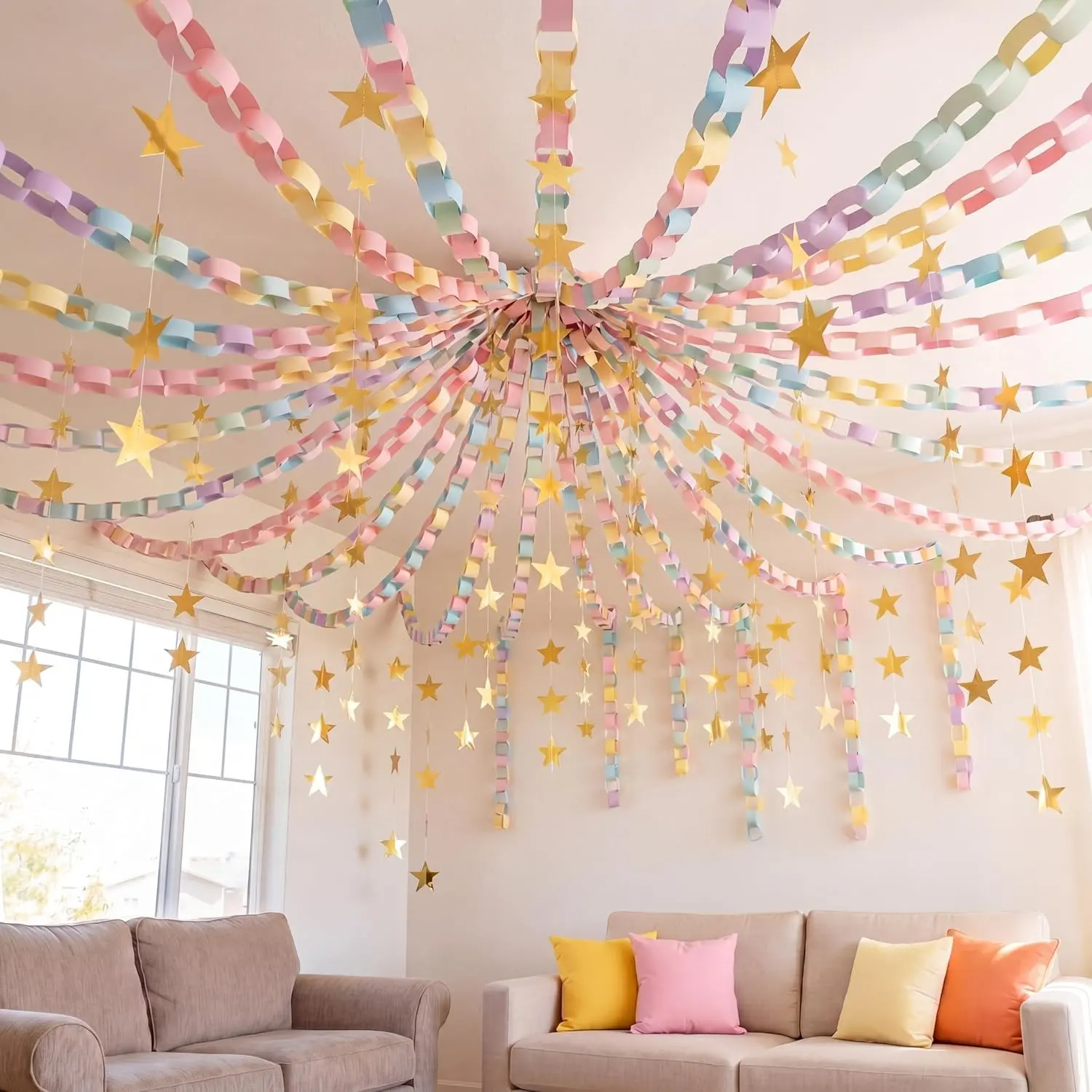 1000 Sheets Paper Chain Strips and Mirror Star Garland 13 Feet Paper Crafts Banner with Double Sided Tape for Birthday Wedding Festival Theme Party Decor (Macaron,0.79 x 8.27 Inches)