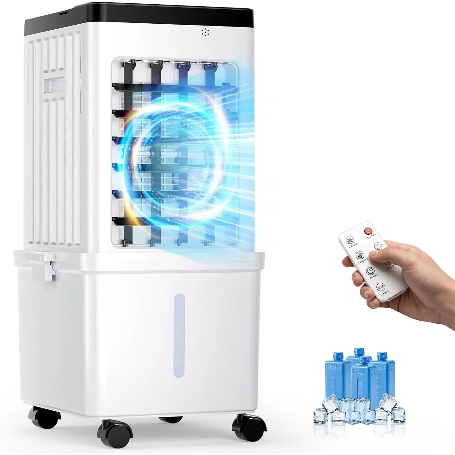 Portable Windowless Evaporative Air Cooler for Camping - 3 Wind Modes, 3 Speeds, 3.5-Gal Water Tank, 45 dB, 120° Oscillation, 4 Ice Packs, Long Cooling Performance