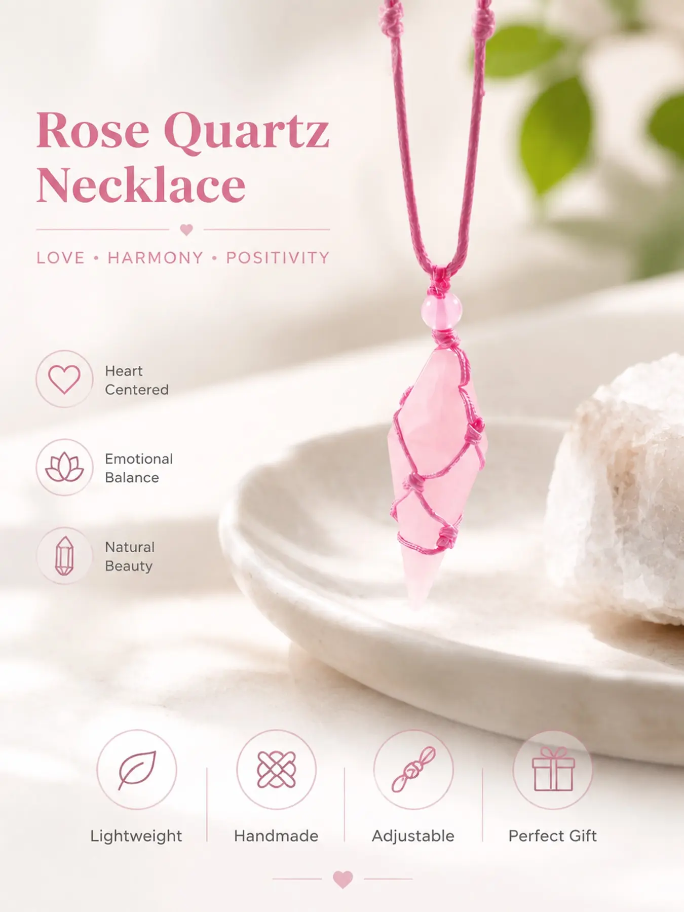 Women's Natural Quartz Pendulum Necklace, Braided Cord, Healing Jewelry, Ideal for Birthdays, Valentine's Day, Festive Gifts