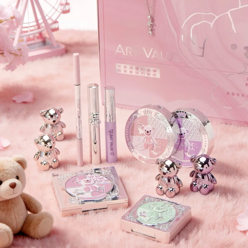 12-Piece Bear Paradise Makeup Gift Set, including 9-color eyeshadow palette, 3-color contour cream, face powder, 3-color blush palette, 4 bear matte lip muds, eyebrow pencil, brow tint mascara, mascara and bear necklace, Makeup Set Kit