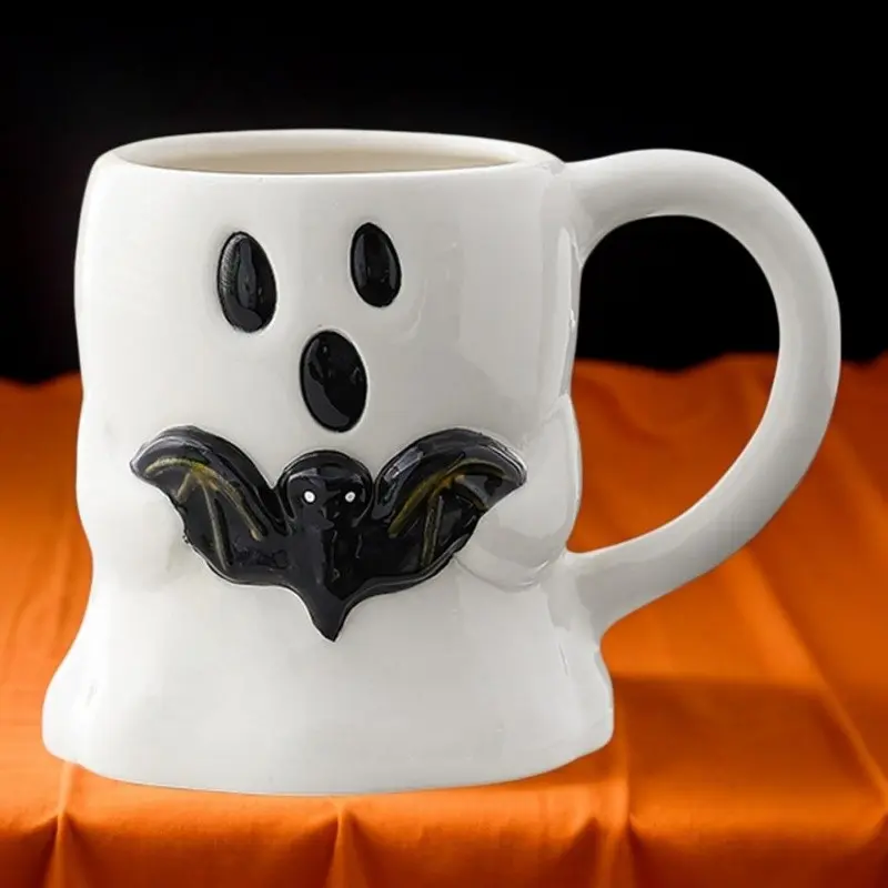 1 Count Ghost Mug with Handle 450ml/15oz Cute Ghost Coffee Mug with Bat Pattern Halloween Ceramic Cup for Kids Adults Halloween Gifts
