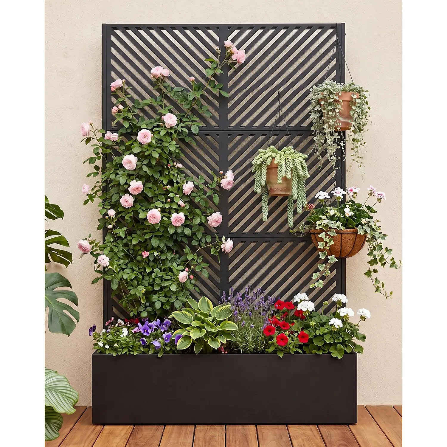 71" All-Weather Metal Raised Planter Box with Trellis, Privacy Screen & Drainage Holes - Contemporary Style Square Arrow Design Outdoor Garden Bed for Climbing Plants, Vegetables - 71"H x 44"W x 16"D Black