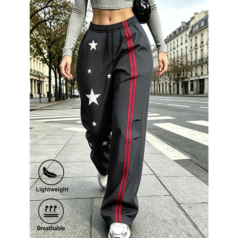 Women's Work Pants, Retro Street Style Women's Wide Leg Sports Pants, White Star Print, Double Red Side Stripes, Elastic Drawstring Waistband, Loose Wide Leg Silhouette, Suitable for Urban Daily Wear, Lightweight Pants