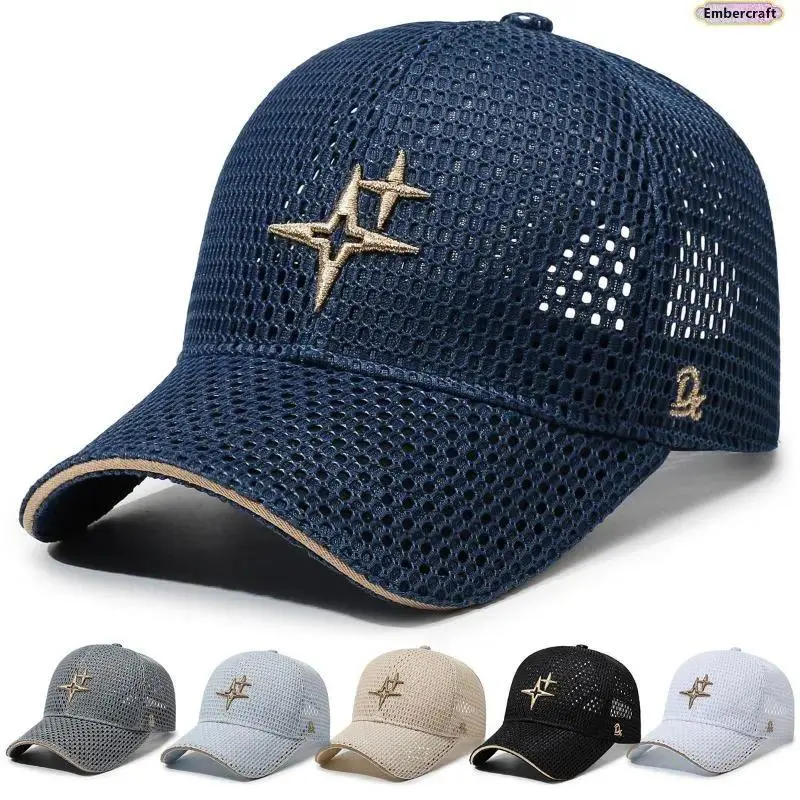 Unisex Breathable Mesh Dad Cap - Star Embroidered Summer Trucker Hat in Black/Blue/Dark Gray, Lightweight Streetwear Baseball Hat for Outdoor & Daily Wear