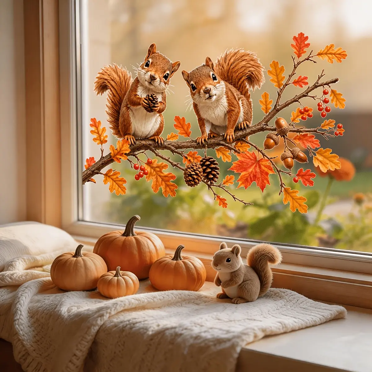 Autumn Maple Branch Squirrel Pinecone Window Sticker, Decorative Stickers, Self-Adhesive Fall Decor, Halloween Home Decoration, Thanksgiving Ornament