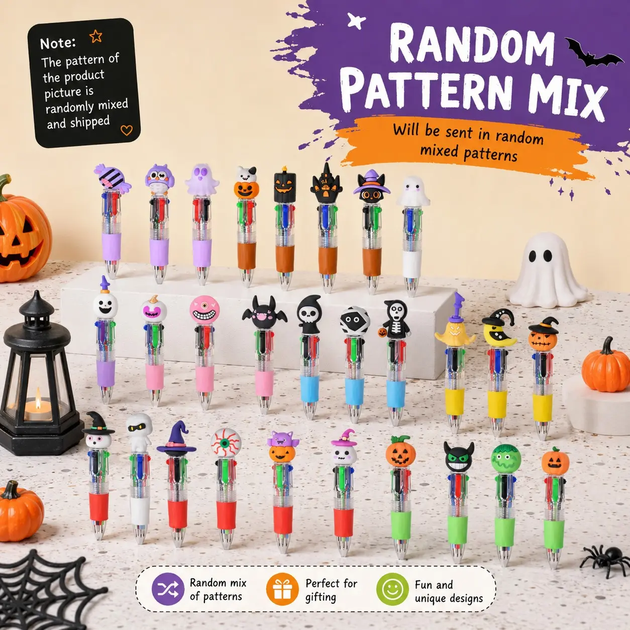30Pcs Halloween Mini Multicolor Shuttle Pens, 4-in-1 Retractable Ballpoint Pens with Cute 3D Pumpkin Ghost Toppers, Halloween Party Favors Goodie Bag Fillers Student Novelty Gifts