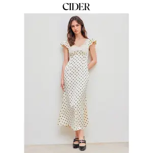 Cider Woven Sweetheart Polka Dot Lace Trim Maxi Dress