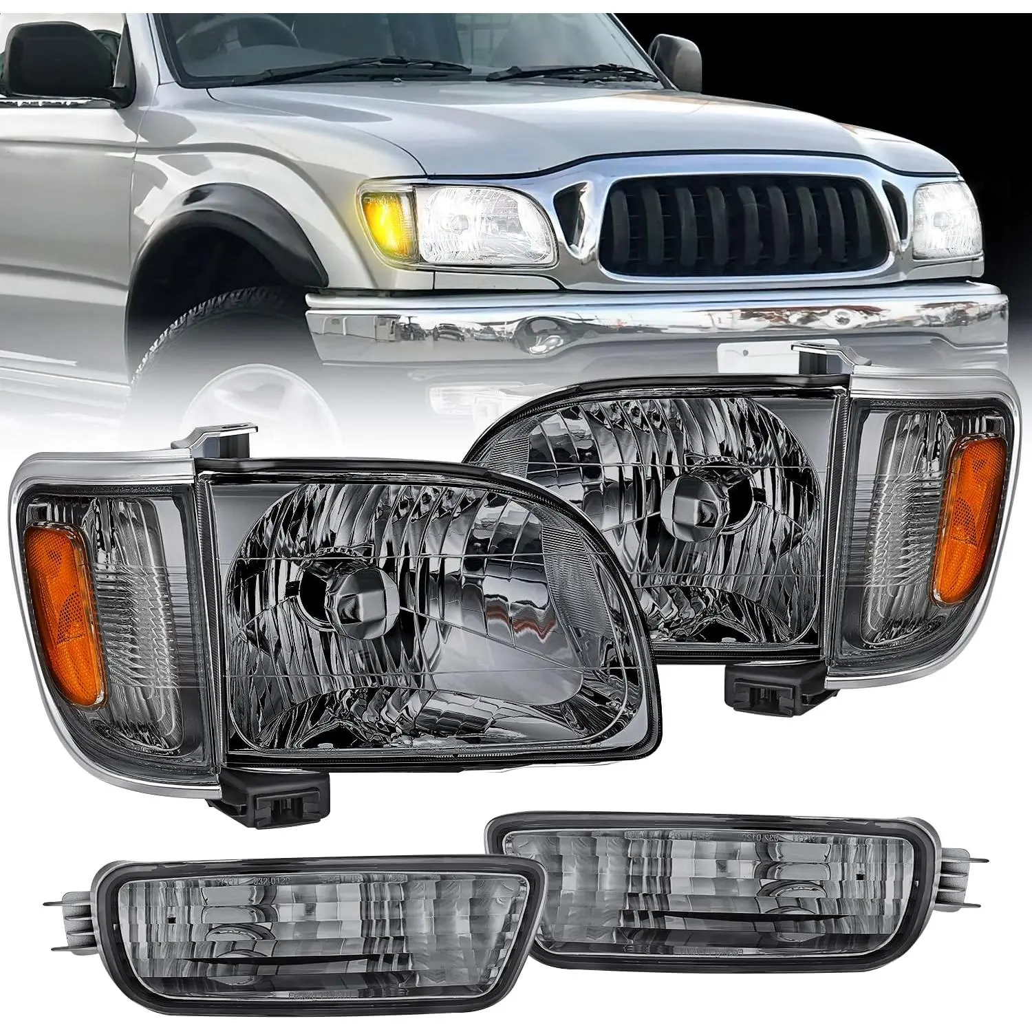 Nilight Pair Set Car Headlight Kit for 2001-2004 Toyota Tacoma, Chrome Housing, Amber Reflector, Smoke Lens, Shock-Resistant, Corrosion-Resistant, Dust-Proof, Waterproof, Adjustable, Easy-Install IP65 Rated Exterior Upgrade (Driver & Passenger Side), Repl