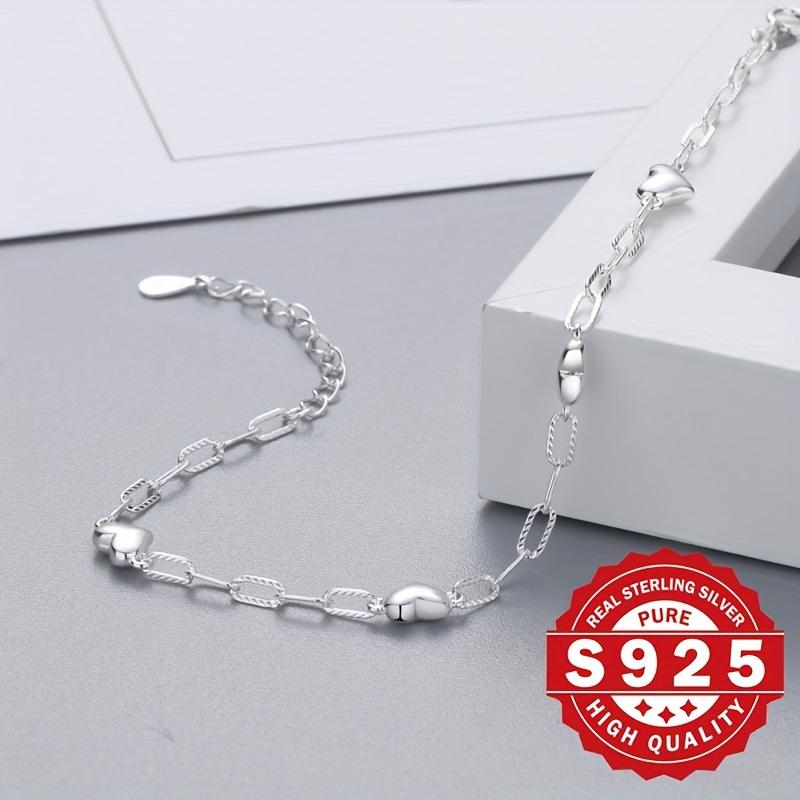 Sterling Silver 925 Bracelet For Women, 3D Heart Link Chain, Figaro Clasp, Elegant & Cute Style, Simple & Delicate Jewelry