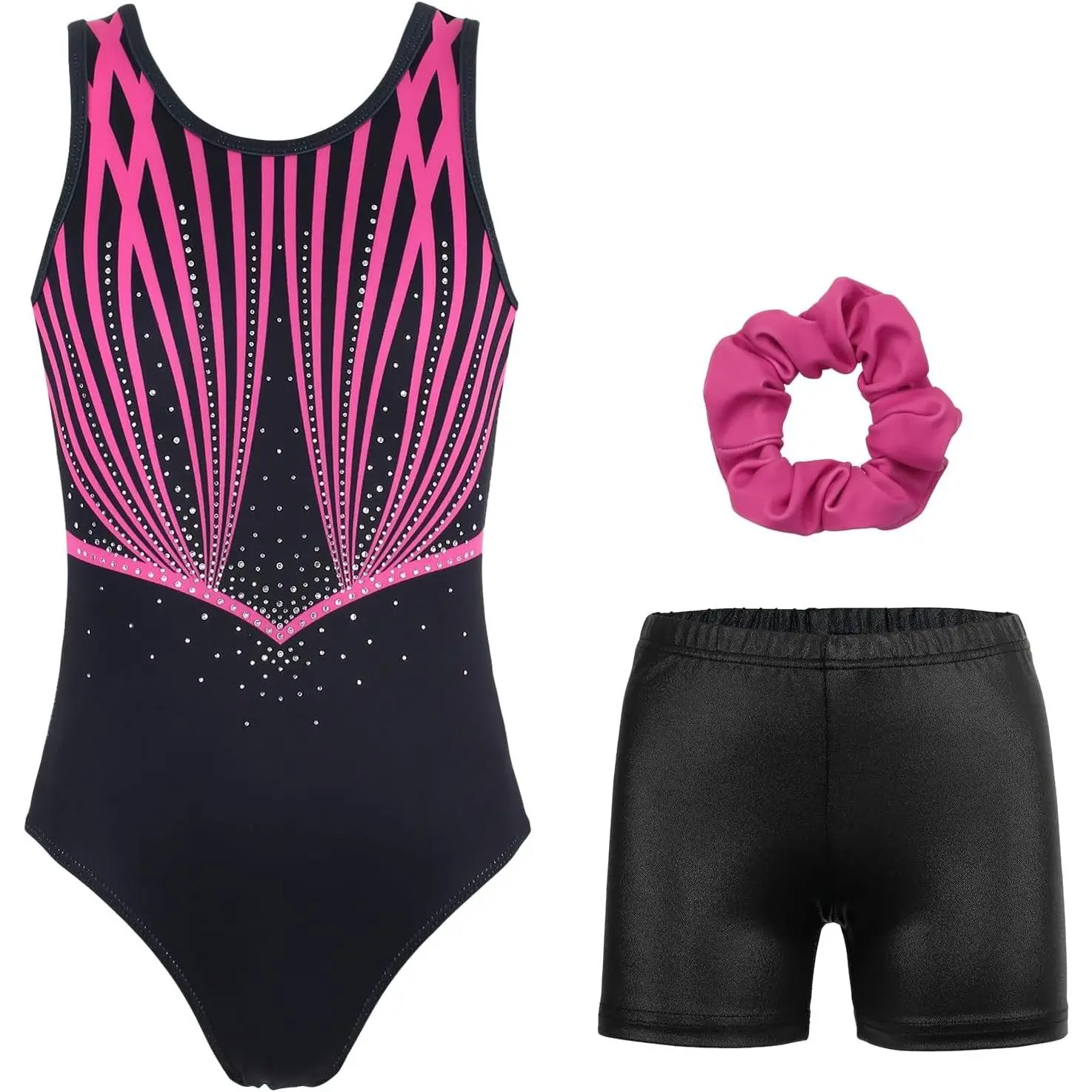 Gymnastics Leotards for Girls withShorts Sparkly Dance Activewear Stretchy breathable fabric, sparkly Diamonds, matching shorts&Hair Tie for gymnastics/dance/ballet, girls4-13Y, machine wash