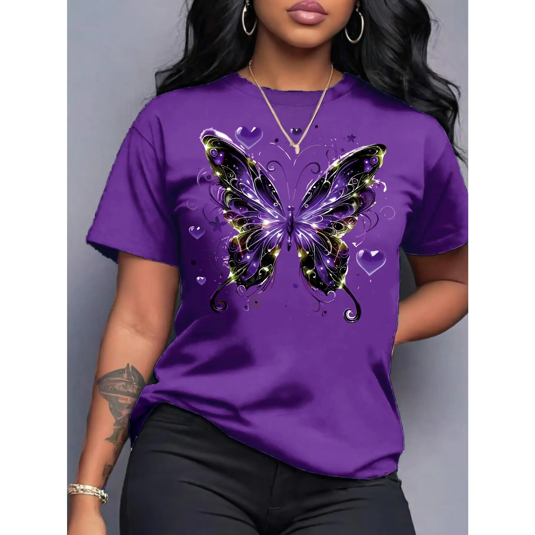 Women's Butterfly Print Short Sleeve Crew Neck T-Shirt - Lightweight Polyester, Spring & Summer Casual Top | Machine Washable | Smooth Fabric | Micro Elasticity