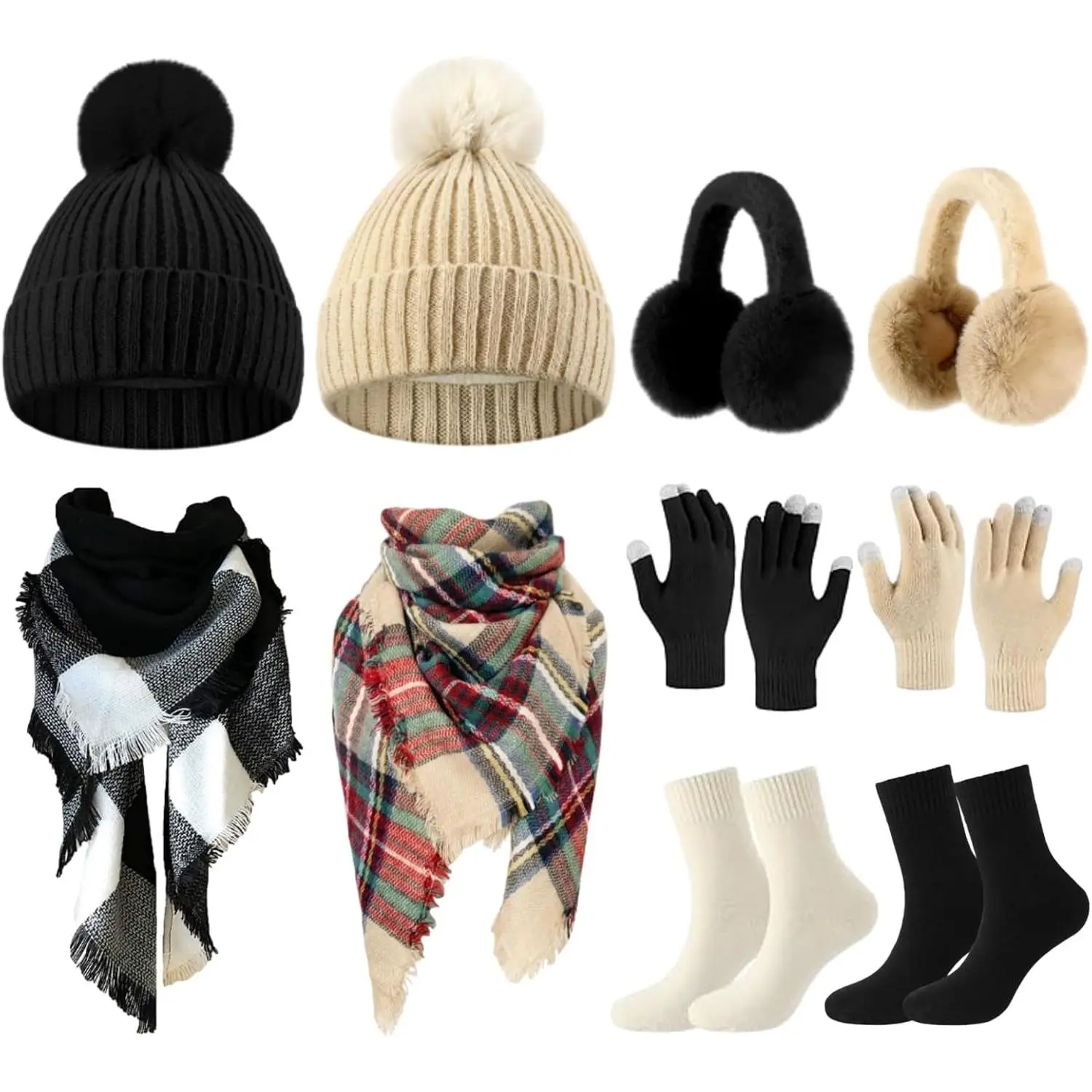 10-Piece Women's Winter Accessories Set, Knit Pompom Beanie Hat, Scarf, Touchscreen Gloves, Ear Muffs and Warm Socks, Cozy Cold Weather Gift Set in Black and Beige