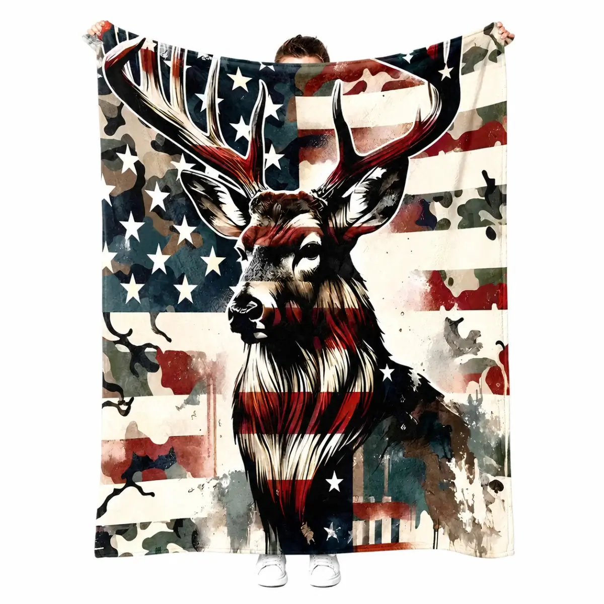 Patriotic Deer Throw Blanket, American Flag Camo Buck Blanket, Rustic Wildlife Cabin Decor, Hunting Lodge Couch Blanket, Gift for Hunters, Outdoor & Nature Lovers