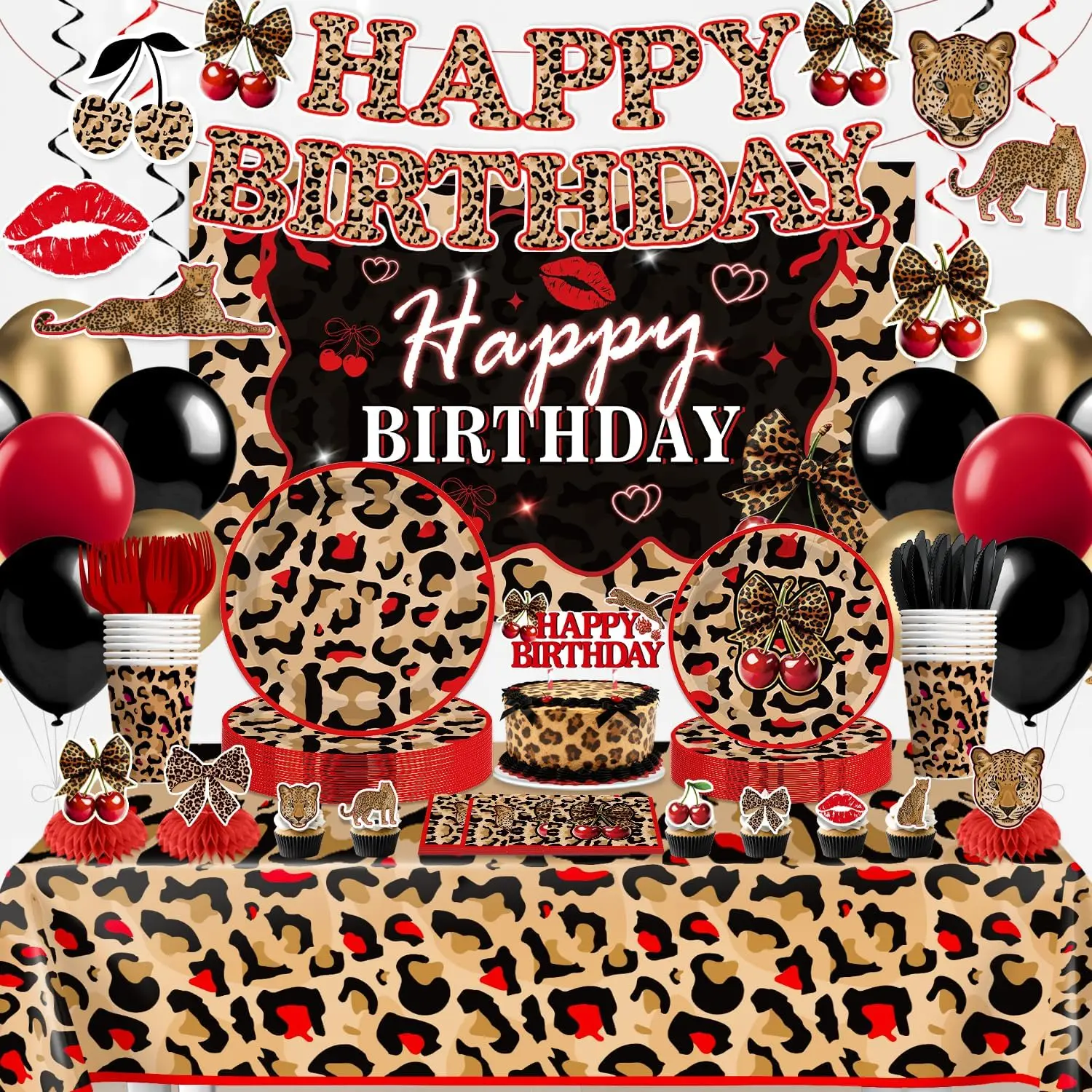 208pcs Red Cheetah Print Birthday Decorations for 25 Guests, All-in-one Set with Pre-strung Banner Plates Backdrop Balloons Tablecloths, Easy Assembly Cheetah and Cherry Birthday Decorations
