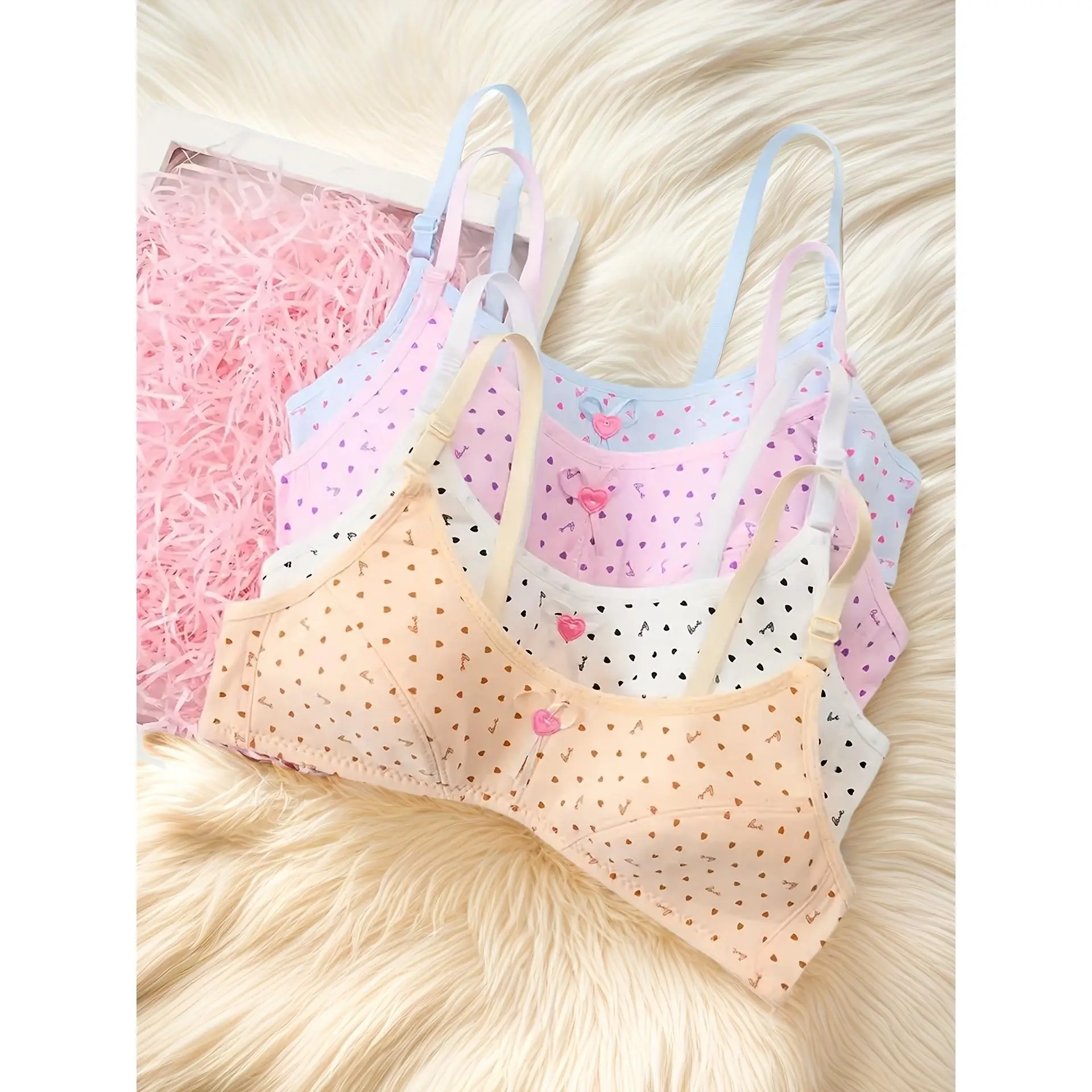 DM [4-Pc Training Bras] 4-Pc Girls' Training Bras With Heart And Ditsy Floral Print, Polyester And, Medium Stretch, Spaghetti Strap, Bow Detail, All-Season Knit Fabric Push Up Underwear For Ages 9-12