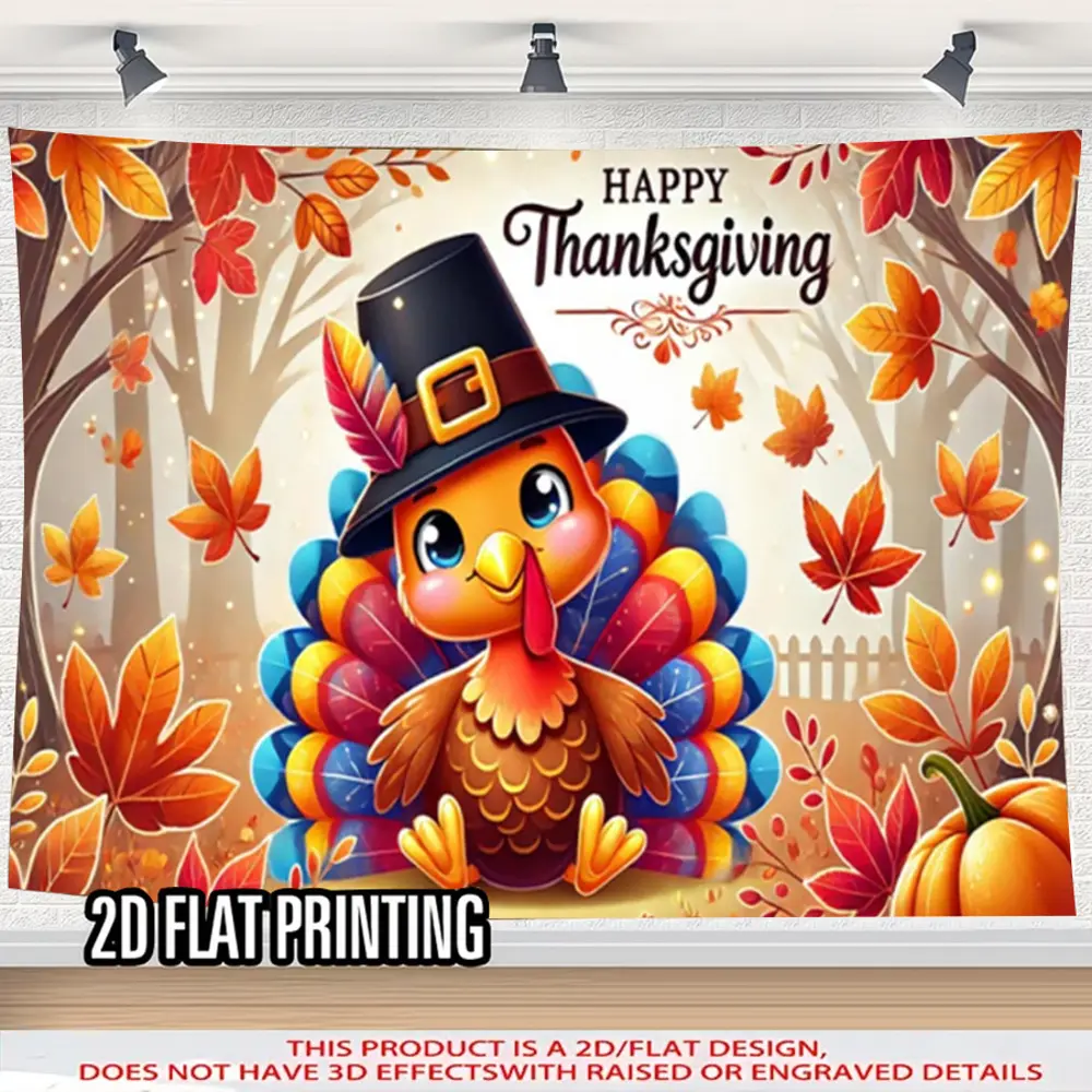 2D Flat Banner Happy Thanksgiving theme polyester photography backdrop, HD digitally printed, soft lightweight foldable background cloth with autumn turkey and maple leaf patterns, for indoor and occasional outdoor use, event deco