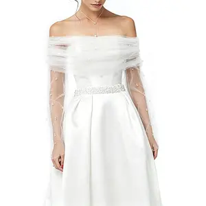 WEBEEDY White Tulle Pearl Shawl and Bridal Gloves Set, Mesh Tulle Cape Wedding Bridal Bolero & Sleeves for Bride Wedding Dress Cover Up