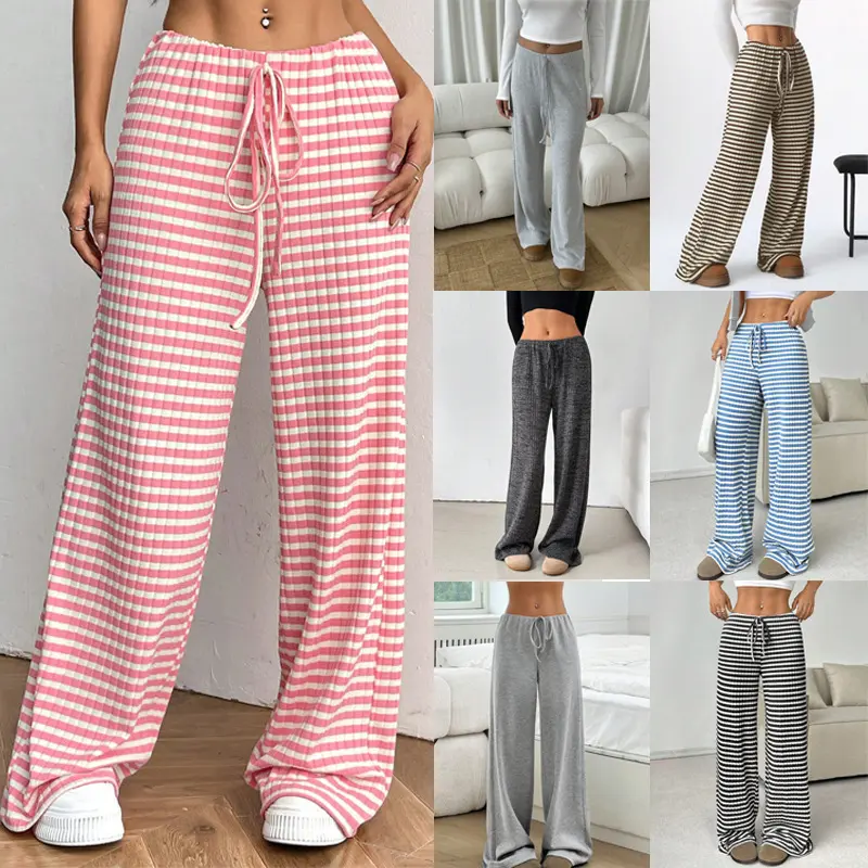 Women's 2026 New Autumn Winter Casual Bottoms - Striped/Solid Cotton Loose Straight Leg Trousers with Elastic Drawstring Waist, Standard Sizes, Sports & Outdoor Sun Protective Bottom