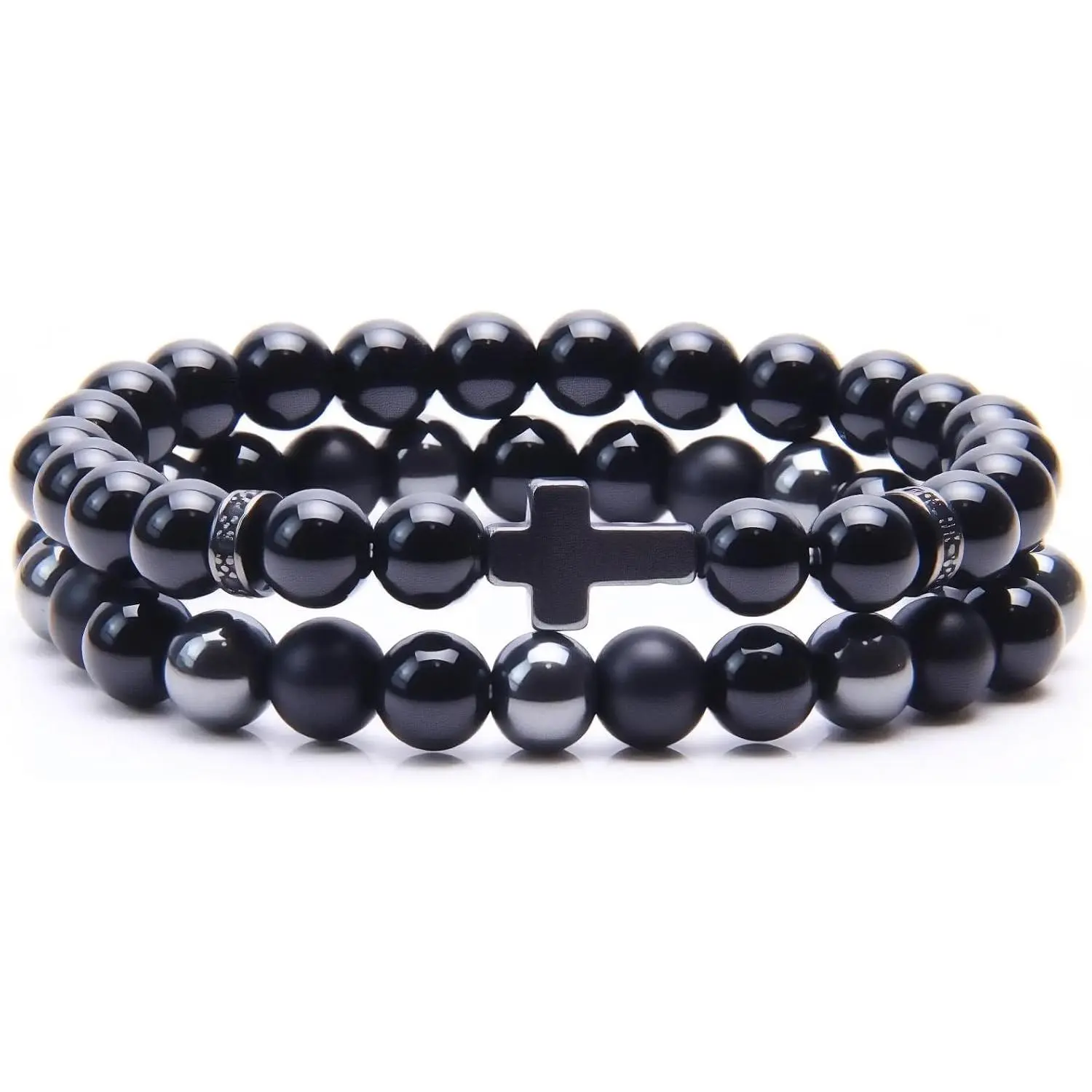 Bracelet for Men - Black Obsidian Hematite Tiger Eye Triple Protection Bracelet Set 8MM Stretch Beaded Bracelets Faith   for Men Boyfriend Husband Son