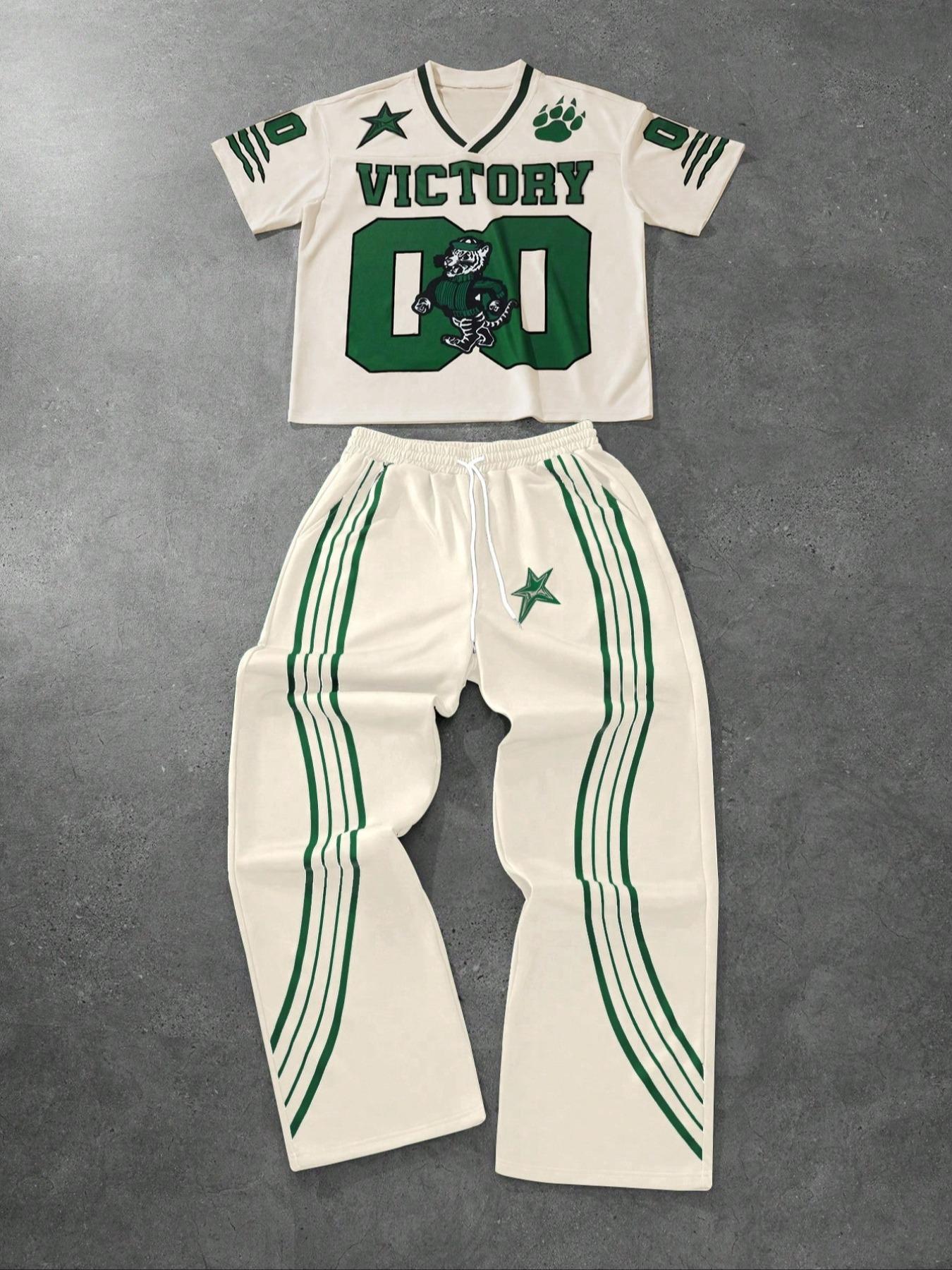 Men's Letter & Star Print Tee & Striped Trim Pants Pyjama Two-piece Set, Men's Sleepwear for Summer