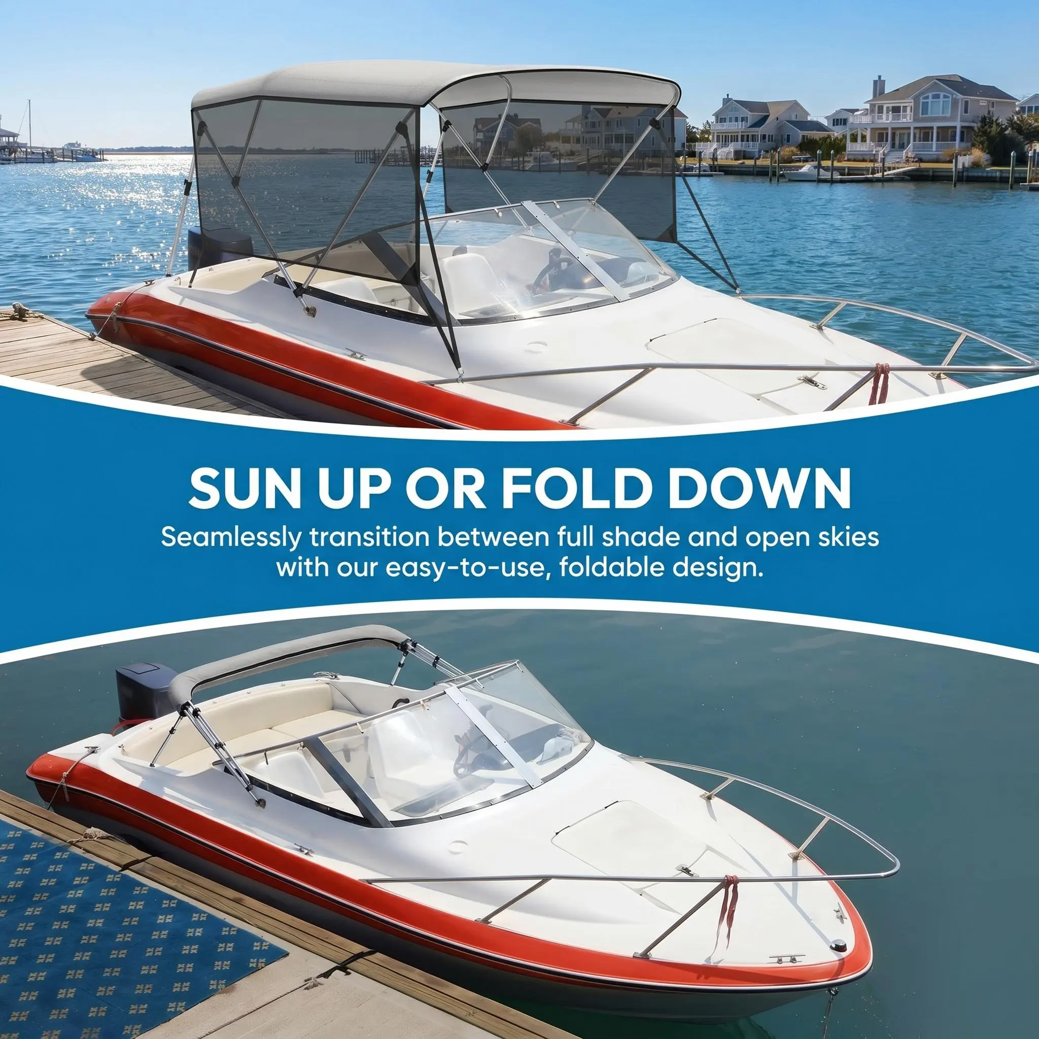 YJ-Garvee  Bow Bimini Top Boat Cover with Universal Fit, 6'L*46"H*79".Sun Shade Boat Canopy, Grade 600d Waterproof Canopy with Aluminum Frame, 4 Adjustable Windproof Ropes, UV-Resistant Fabric