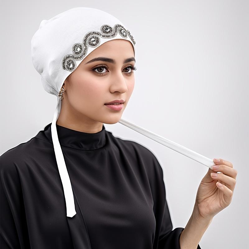 Breathable Windproof Hijab Hat with Rhinestone, Solid Color Scarf for Prayer