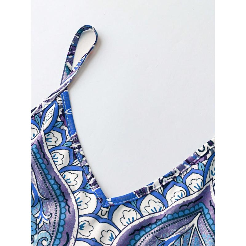 Women's Summer Vintage China Print Casual Long Dress – Loose Beach Cover-Up, Adjustable Spaghetti Strap Flowy Artistic Sundress