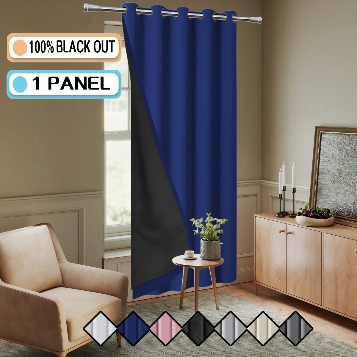 1 pack of 100% blackout, sun protection, and heat-insulating curtains, lined with solid colored polyester film, hanging with perforated holes on the top, modern, romantic, and minimalist, suitable for bedrooms, balconies, and gardens