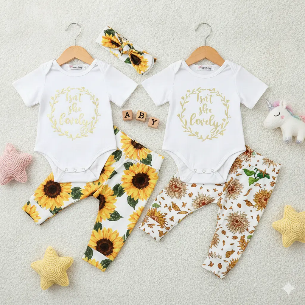 Infant Baby Girl's Floral Outfit Set, 3-Piece Cotton Blend Crew Neck Romper with Sunflower Print Pants & Headband Gift Set, Gifts, Original Set