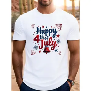 4Th of July Happy Theme T-Shirt- Red, Blue, White Fireworks Star Pattern Print- Soft And Breathable Crew Neck T-Shirt- Plus Size Unisex Independence Day Apparel- Lightweight Patriotic Holiday Clothing- Machine Washable 14Th Anniversary Pa