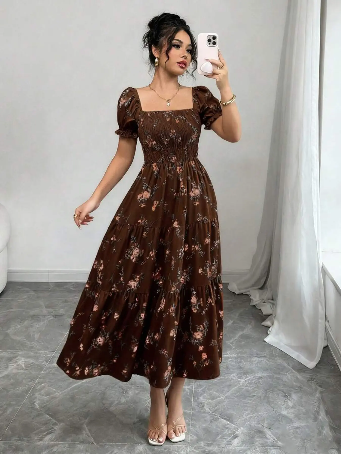 Women's Spring Summer Square Neck Pleated Short Sleeve Dress, Small Floral Print, Casual Daily Wear, Boho Style, Festival