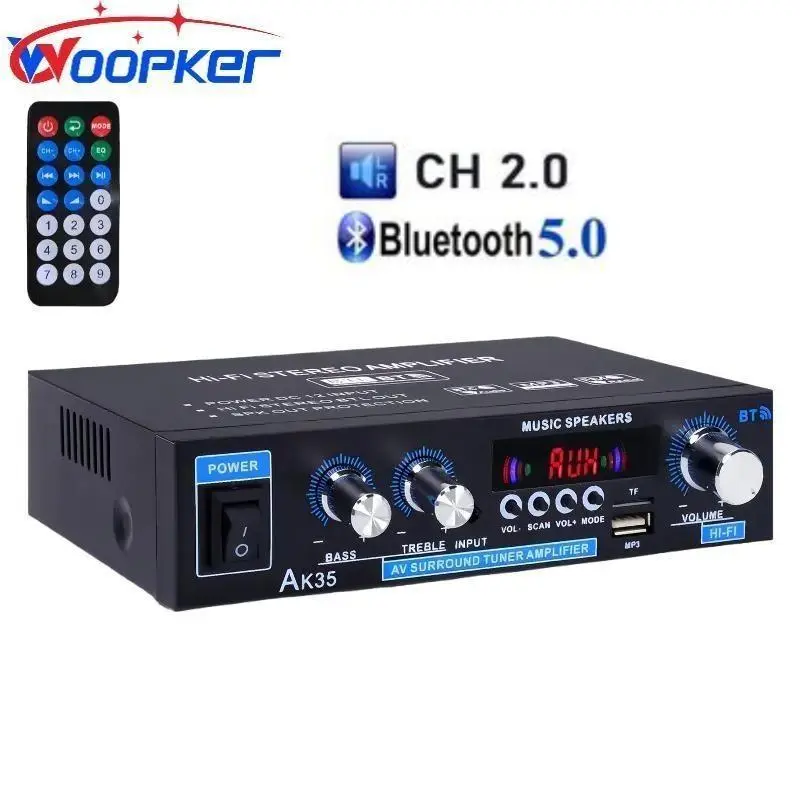 Woopker AK35 Bluetooth 5.0 Wireless HiFi Stereo Home Amplifier - 200W 2.0 Channel Audio Power Amplifier with Bass Treble Control, FM Radio, USB, LED Display, Streaming, Mobile/Desktop/Smartphone Connection for Home Theater, Sound System