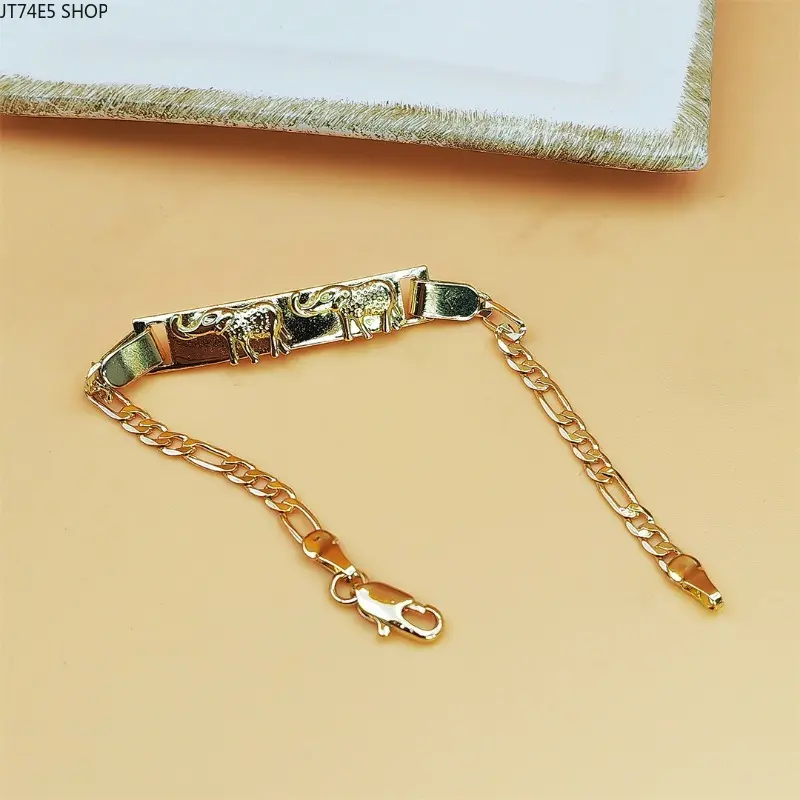 Kids' Fashionable Gold-Plated Spliced Metal Bracelet with Elephant Charm and Curved Tag, Unisex All-Seasons Versatile Daily Jewelry, Cast Iron Accessory