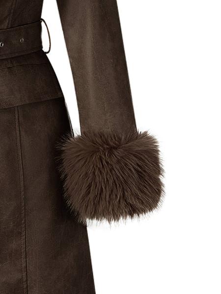 Women's Fall Winter Long Faux Fur Coat, Vintage Style Casual Cotton Jacket with Large Collar and Belt, Elegant Plain Design