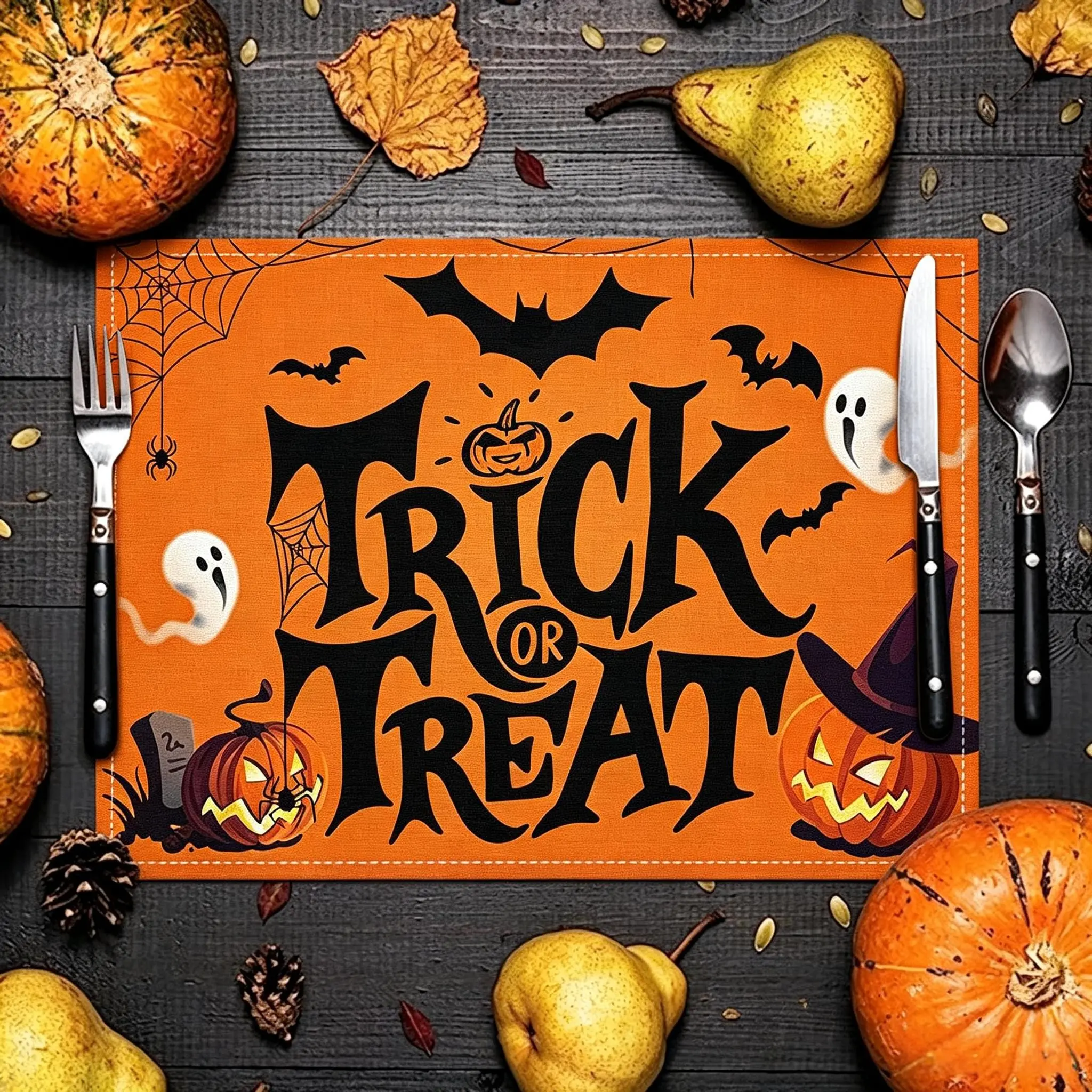 Halloween Pumpkin Placemats 4 Piece Set, 30.48 X 45.72 Cm, Washable Heat Resistant, Kitchen Table Decor, Halloween Theme