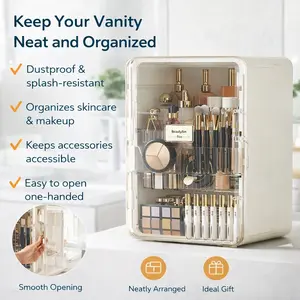 Large Capacity Makeup Organizer Box, Desktop Cosmetic Storage with Brush Holder, Multi-Compartment Makeup Tool Organizer for Bedroom, Bathroom & Vanity