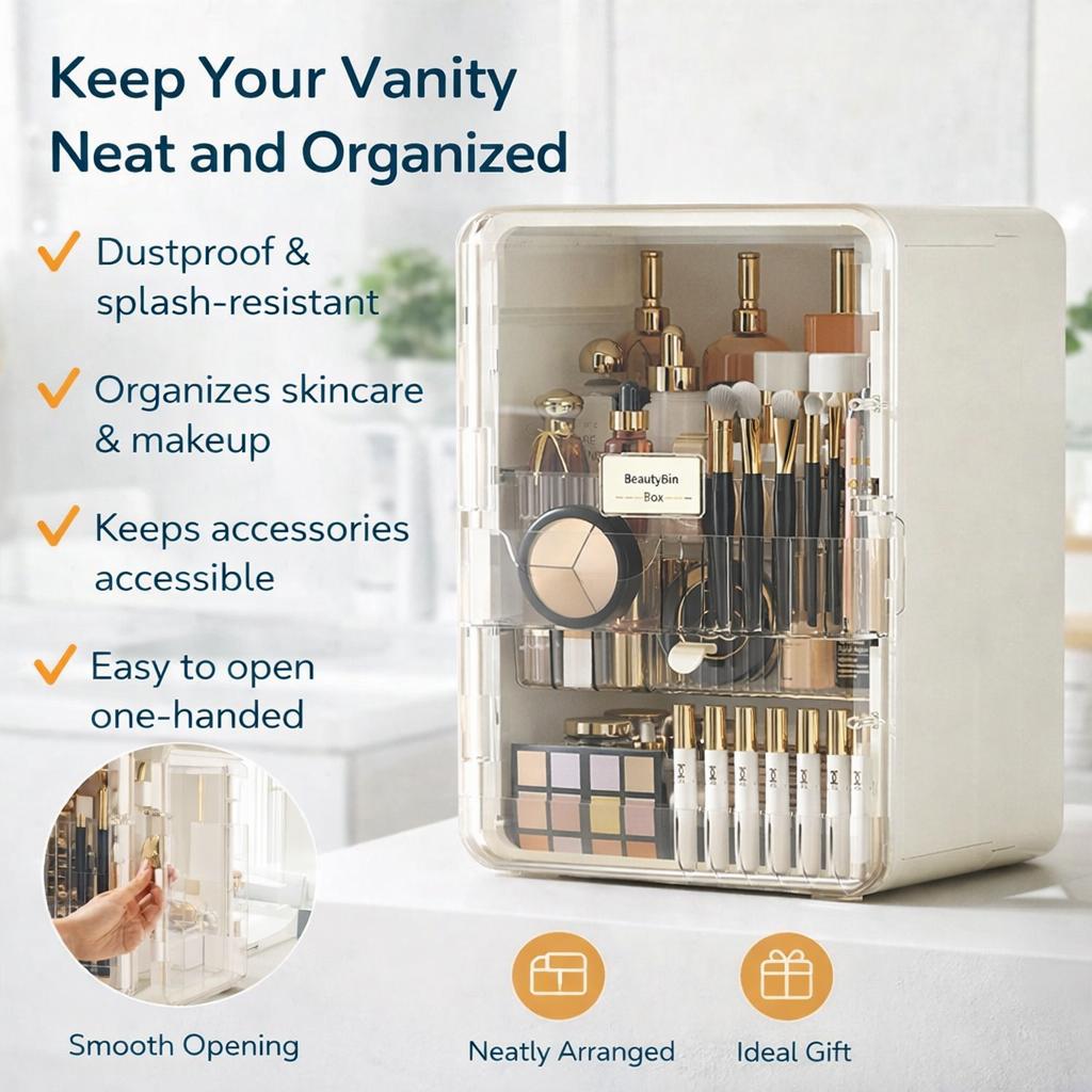 Large Capacity Makeup Organizer Box, Desktop Cosmetic Storage with Brush Holder, Multi-Compartment Makeup Tool Organizer for Bedroom, Bathroom & Vanity