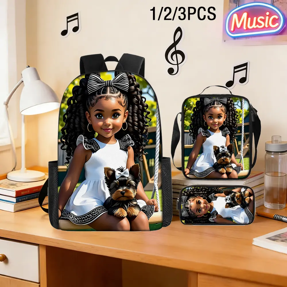 Kids' 3-Pieces Black Girl & Pup Print Backpack Combo, Durable 600D Oxford Cloth Large Capacity Bag with Insulated Food-Safe Liner Lunch Box & Pencil Case, Adjustable Breathable Straps, Fits 15in Laptop for School Travel