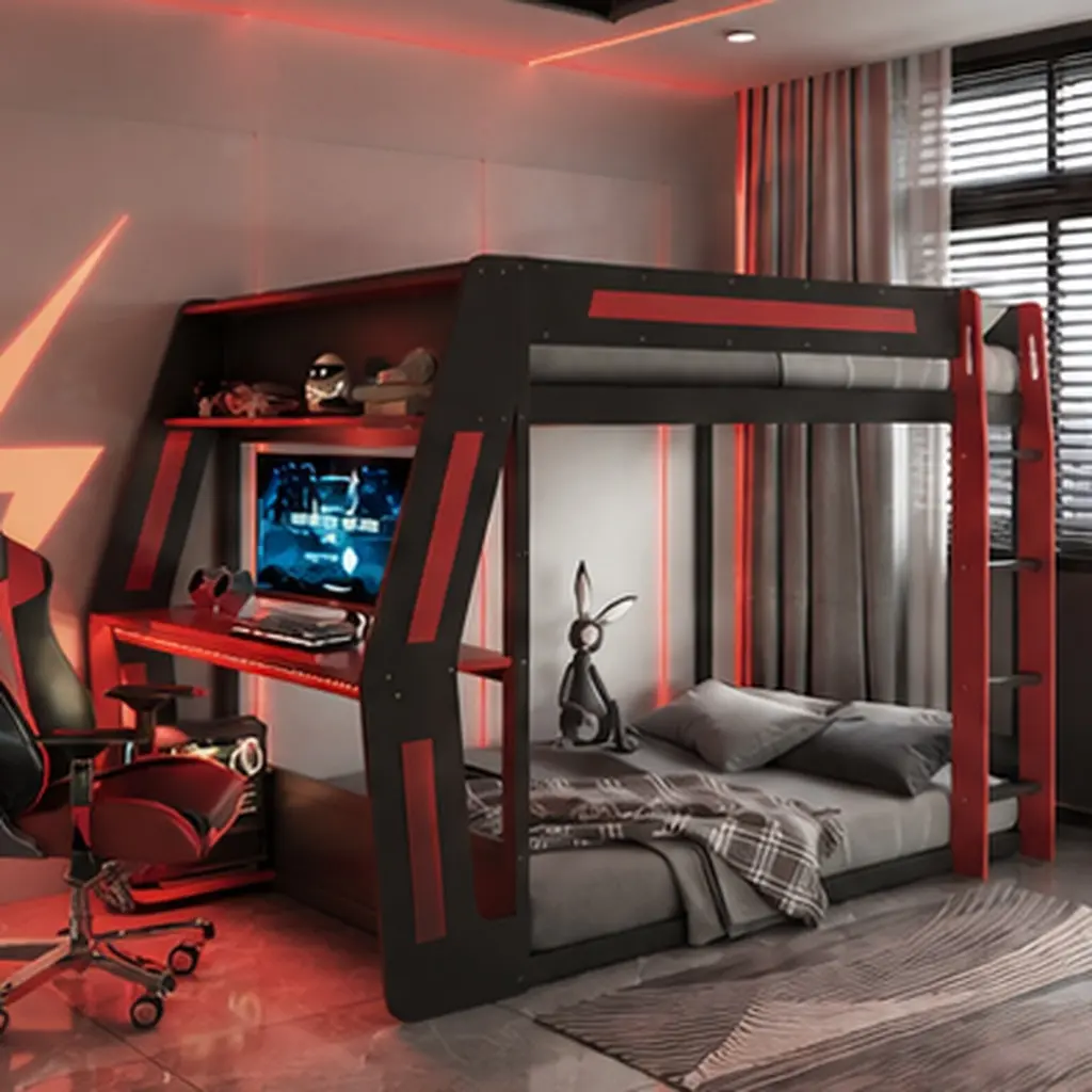ARCH Full-Size Gaming Bunk Bed with Side-Mounted Oversized RGB Desk, USB Charging Ports & Cable Grommet, LED Light Strip, Heavy-Duty Esports Loft Frame, Cool Design Red, for Bedroom, Dorm, Gaming Room, Bedroom Furniture for Bedroom, Guest Room