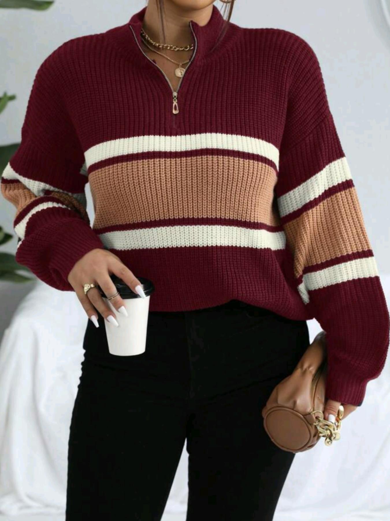 Women's Colorblock Striped Print Half Zip Up Mock Neck Sweater Pullover Top, Casual Loose Drop Shoulder Long Sleeve Jumper, Women's Fall & Winter Knitwear For Daily Wear Fitted Lady Womenswear