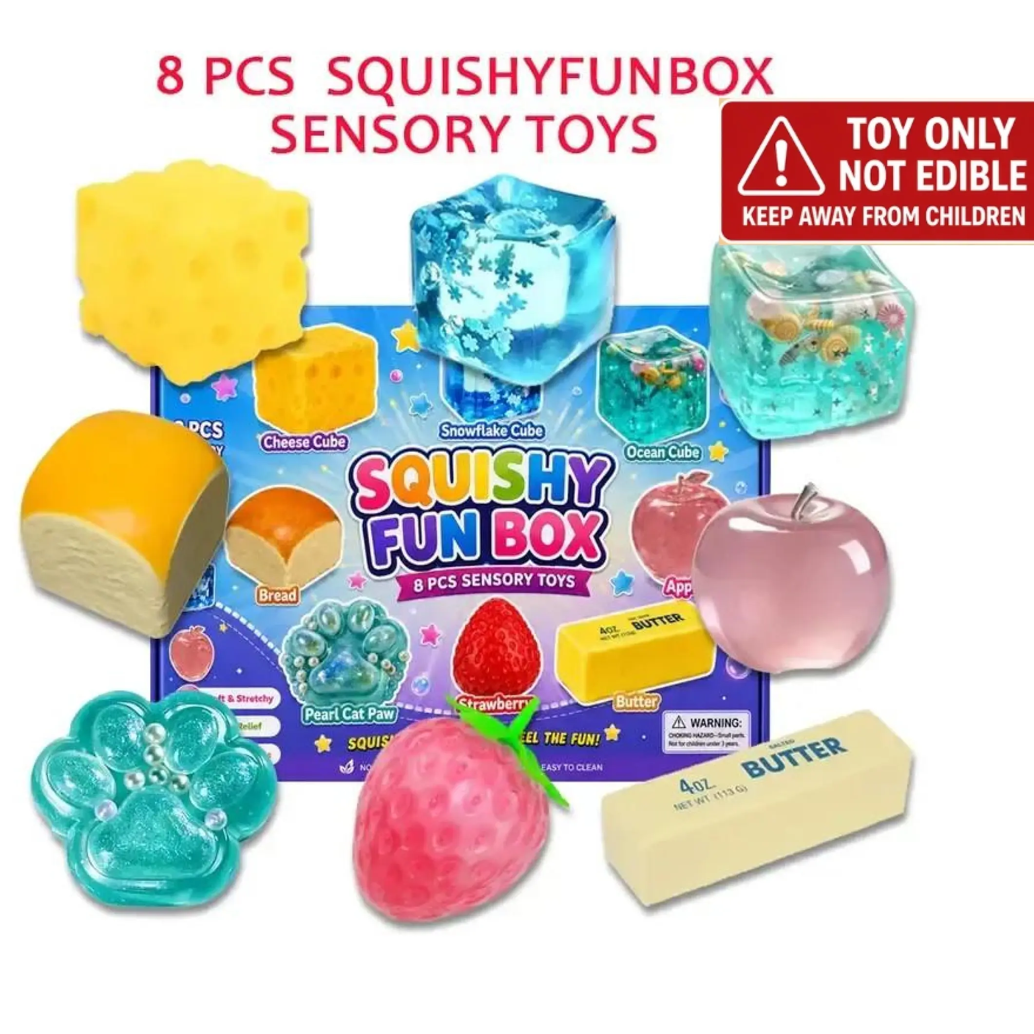 8-Piece Set Box Malt Sugar Stress Relief Fidget Toys, Sensory Bundle, Creative Slow-Return Squishy, Party Gift, 8 Different Styles