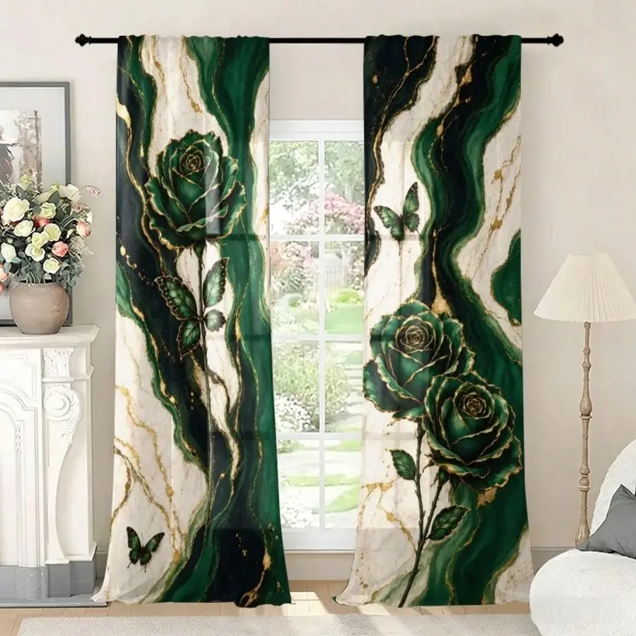 2 Piece Gold Marble Rose Pattern Curtains, Light Filtering, Living Room Bedroom Kitchen Decor, Privacy Sunshade, Semi-Transparent Rod Pocket Design