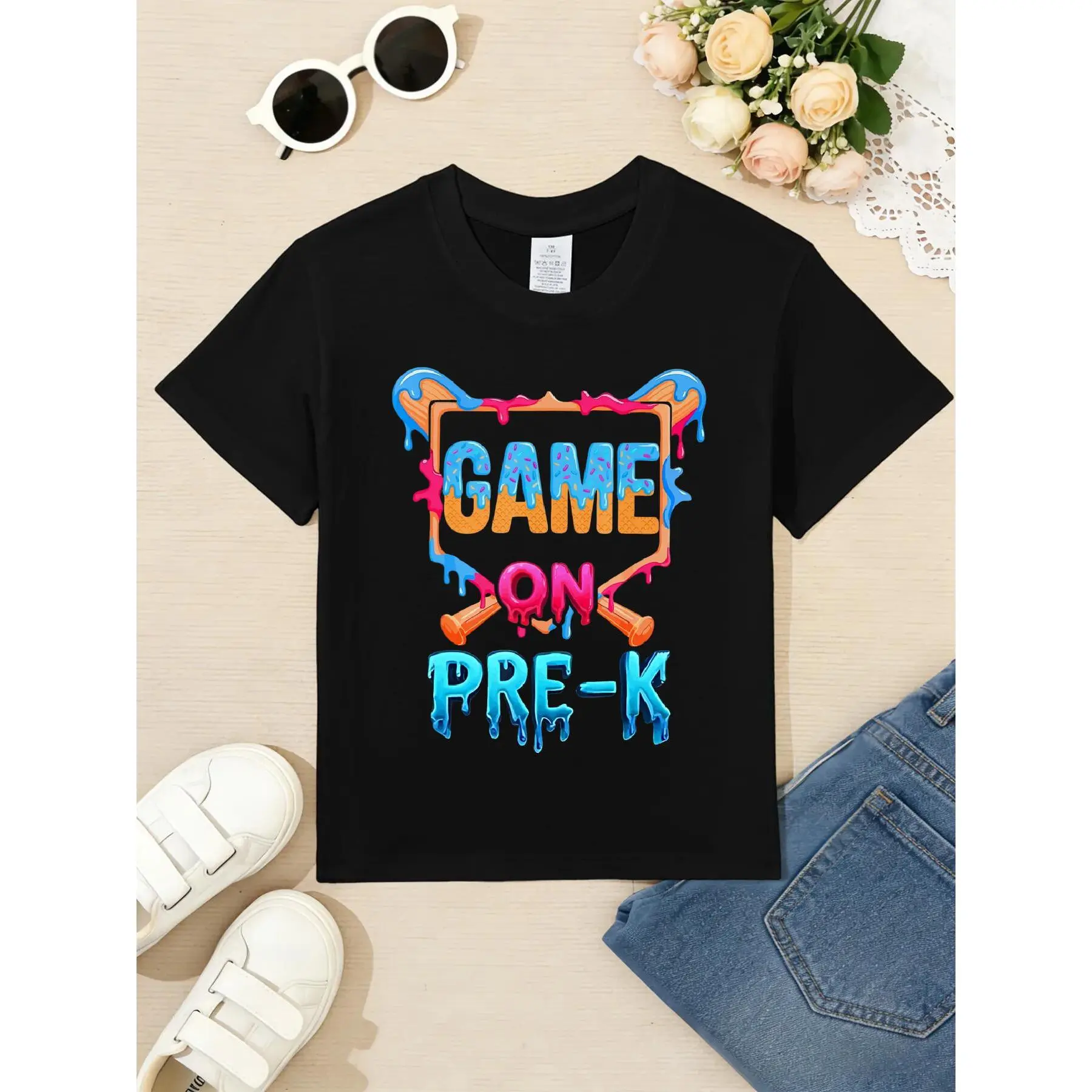 Kids’ 100% Cotton Funny Baseball Drip Back to School Game On Pre K Preschool T-Shirt, Soft Breathable Crew Neck Short Sleeve Casual Tee for Boys and Girls, Suitable for daily outfits