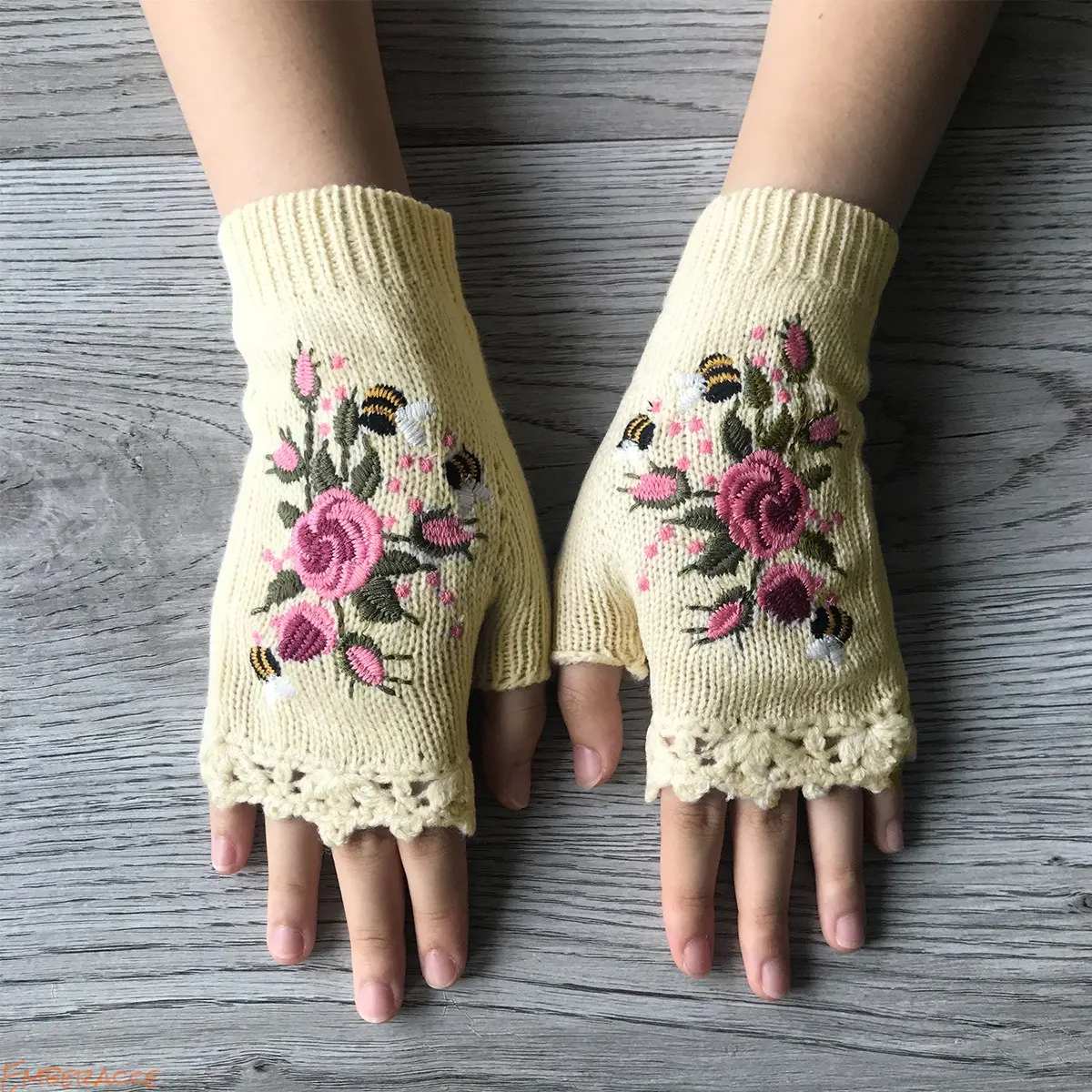 Women's Embroidered Bee Floral Print Fingerless Mitts - Cozy Knit 1 Size Fits Warm Hand Warmers, Lightweight Fashion Gloves for Cold Weather Outdoor, Office Use