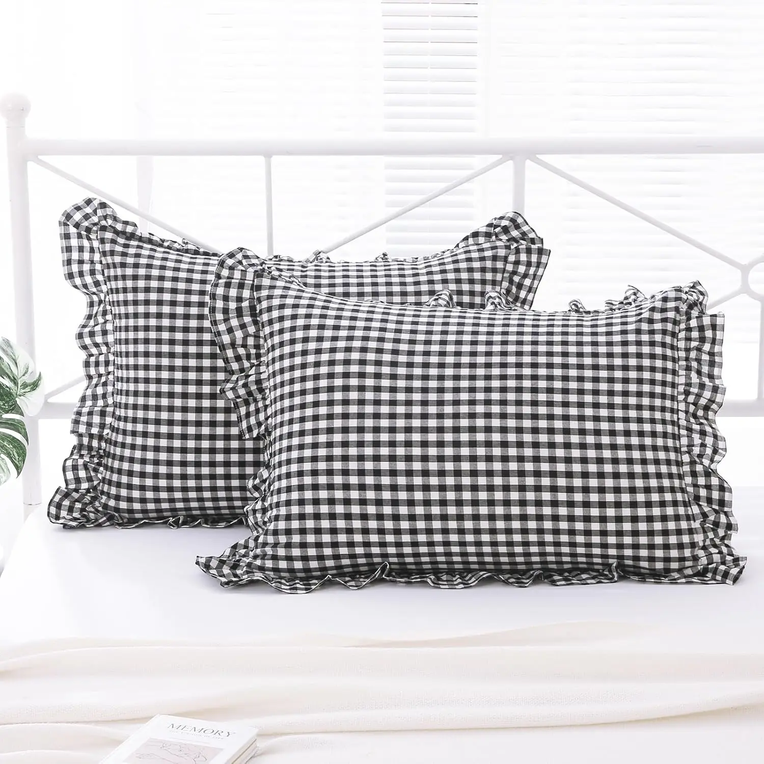 2 Pack Black and White Plaid Ruffle Gingham Standard Pillow Shams, 100% Washed Cotton Checkered Farmhouse Shabby Pillow Covers for Bed/Sofa - 20"x26"