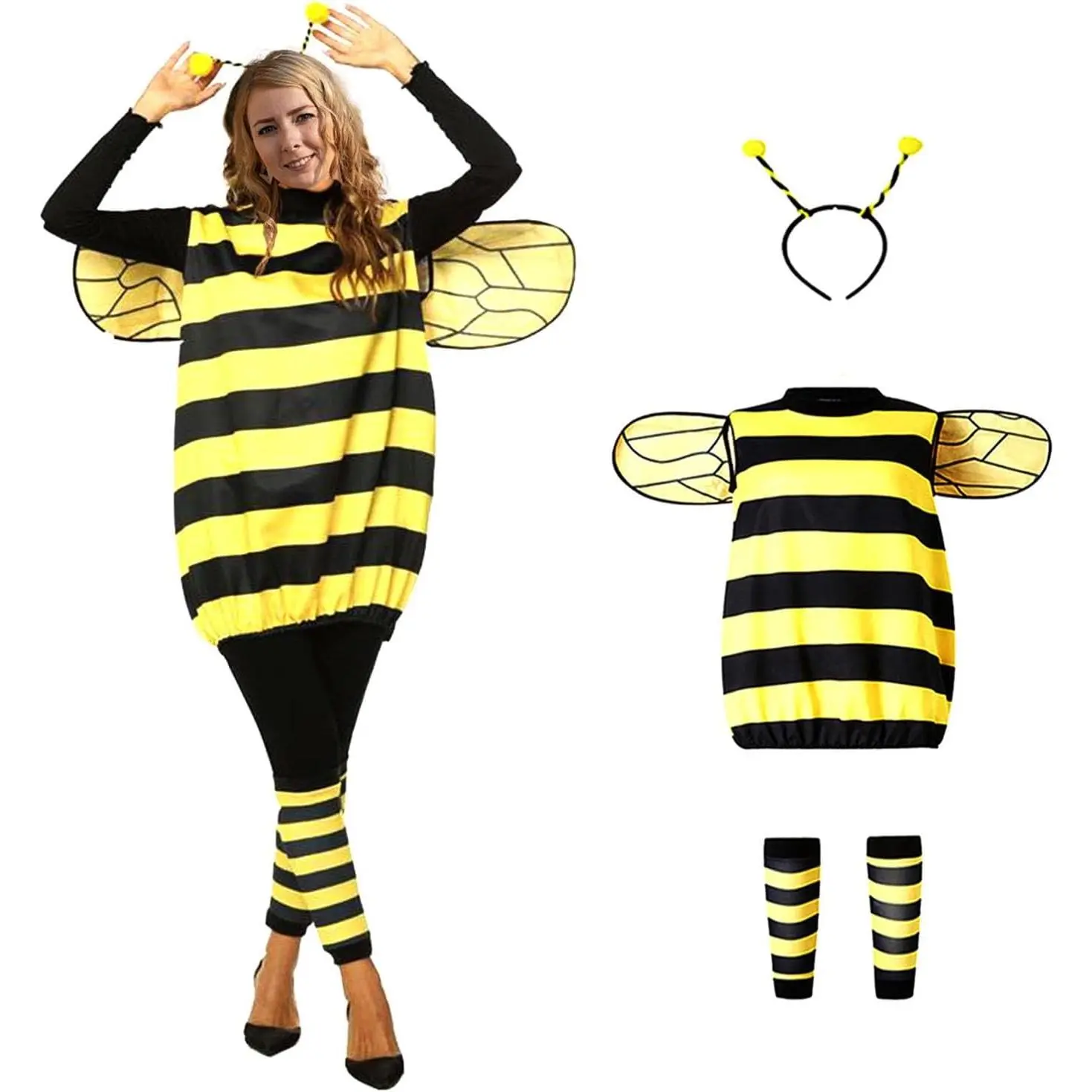 Adults Bee Costume with Headband, Jacket, Wings & Leggings | Halloween Cosplay Role Play Dress Up for Theme Party(Gift)