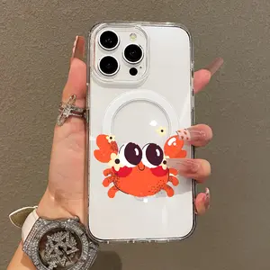 Trendy Magnetic Case for iPhone11/12/13/14/15/16/17/promax, Cute Orange Crab Tiny Flower Art Ultra Slim, MagSafe Support, Shockproof | Playful & Fun Style