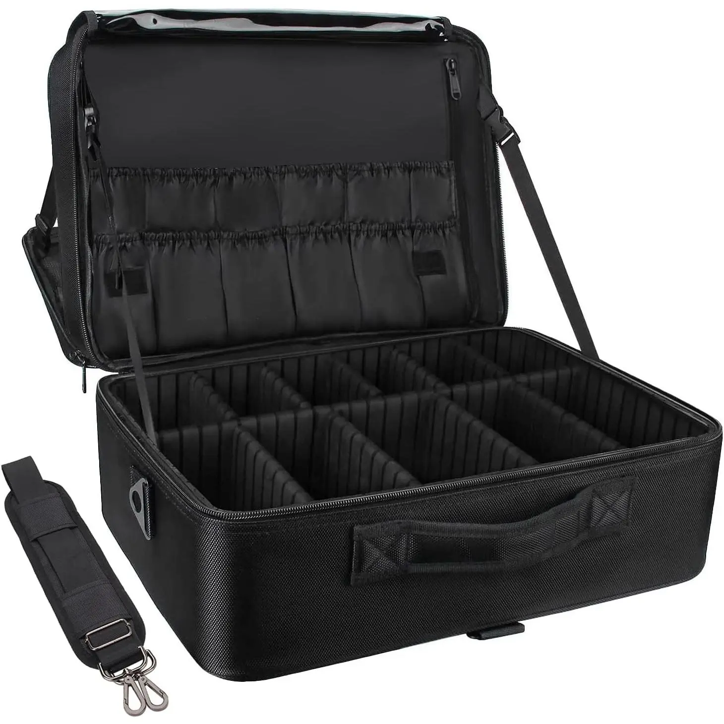 Makeup Case Travel Makeup  Case Professional Makeup Artist Bag Portable  Organizer Box Art  Case with Adjustable Dividers/Attach to Trolley/ Strap (Black)