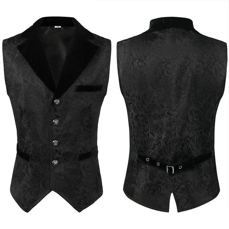 Men's Gothic Victorian Long Waistcoat, Vintage Renaissance Tailcoat Vest with Velvet Collar & Adjustable Belt for Halloween